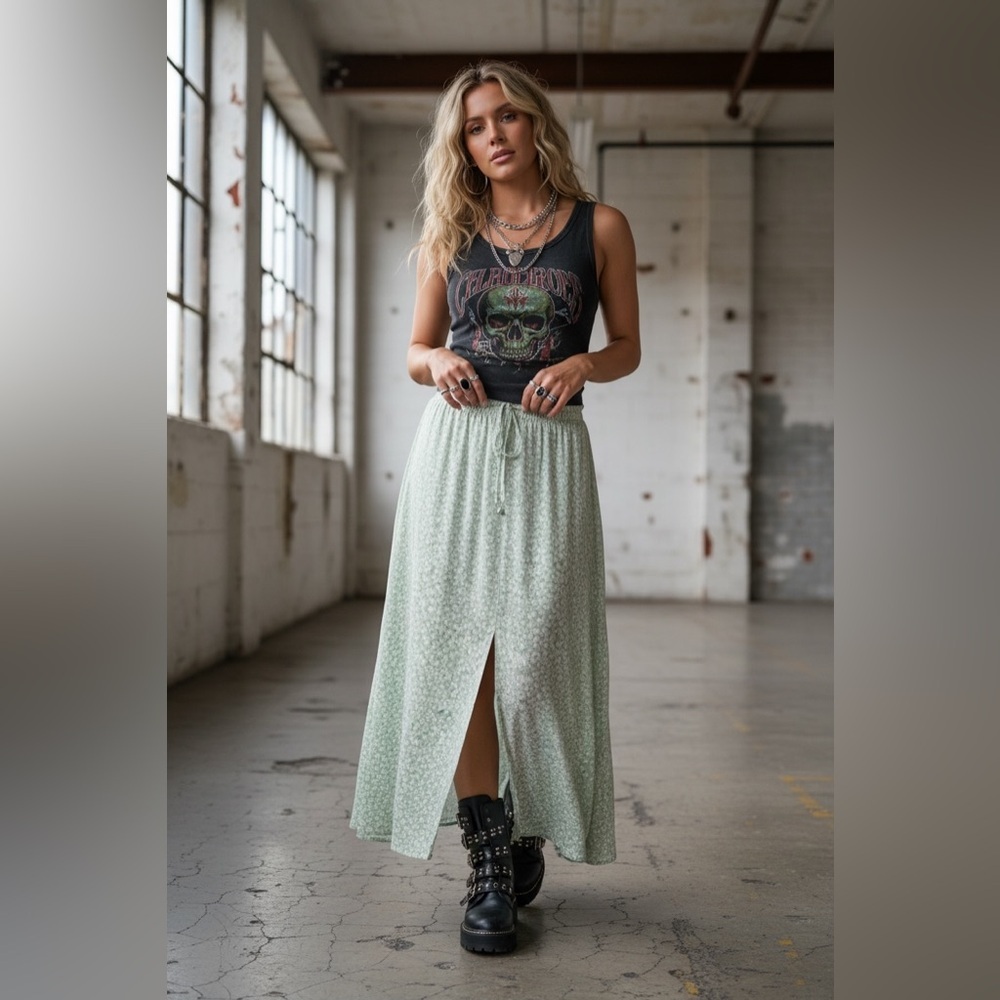 NWT Angie Clothing Boho Floral Print Slit Maxi Skirt Sage Green